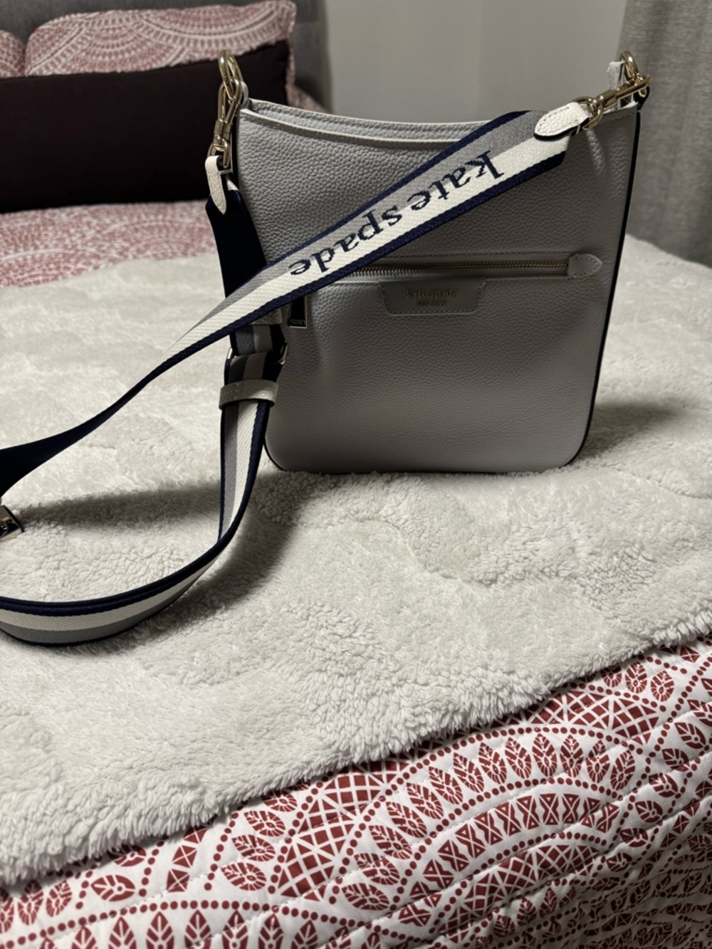 kate spade Light Gray Pebbled Leather Crossbody with Navy-Trim Branded Strap
